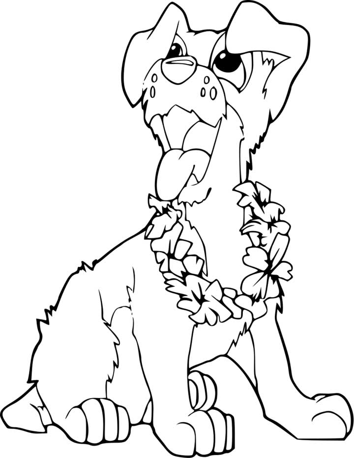 This coloring page for kids features a cute puppy with floppy ears looking up at its owner with its mouth wide open.