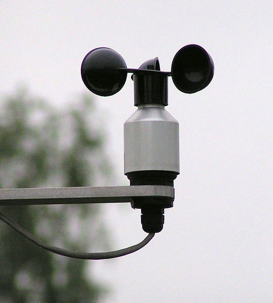 This photo shows an anemometer, a weather measurement device used to gauge the strength of the wind.