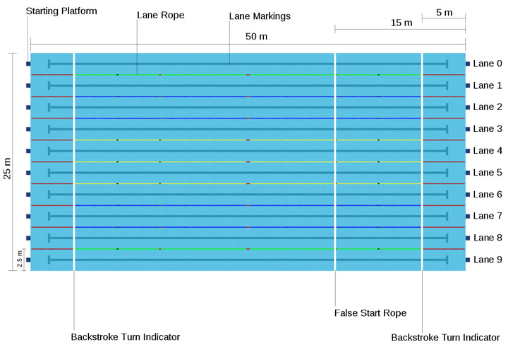 This olympic swimming pool diagram features all the important lane markings and dimensions that are used when creating a swimming facility for competitions. Markings include starting platforms, lanes, backstroke turn indicators, and a false start rope.